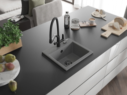 Mexen Milo granite kitchen sink 1-bowl with Duo kitchen faucet, gray - 6505-71-671701-70-B