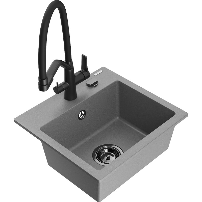 Mexen Milo 1-bowl granite sink with Duo kitchen faucet, gray - 6505-71-671701-70-B