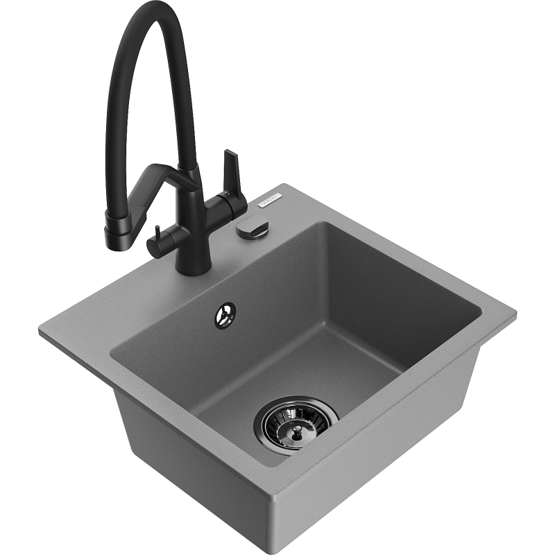 Mexen Milo 1-compartment granite sink with a kitchen mixer tap Duo, grey - 6505-71-671701-70-B