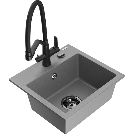 Mexen Milo granite kitchen sink 1-bowl with Duo kitchen faucet, gray - 6505-71-671701-70-B