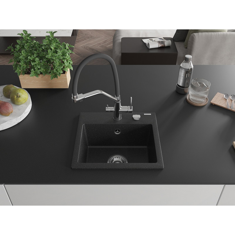 Mexen Milo granite kitchen sink 1-bowl with kitchen faucet Duo, black/silver metallic - 6505-73-671701-07