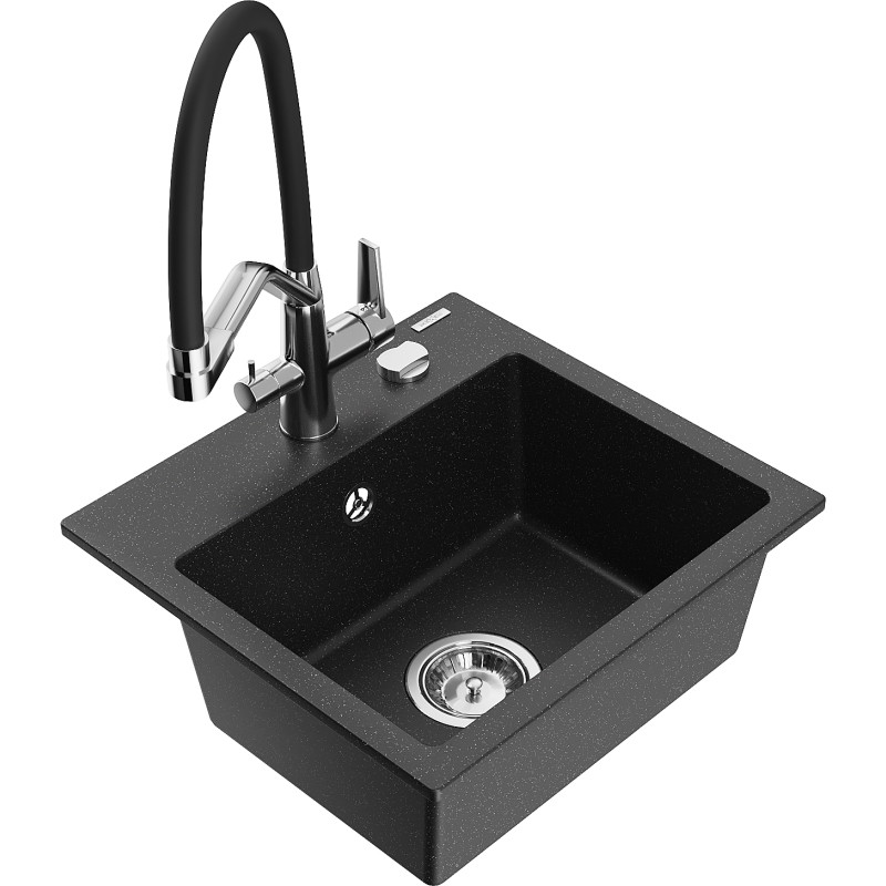 Mexen Milo granite kitchen sink 1-bowl with kitchen faucet Duo, black/silver metallic - 6505-73-671701-07