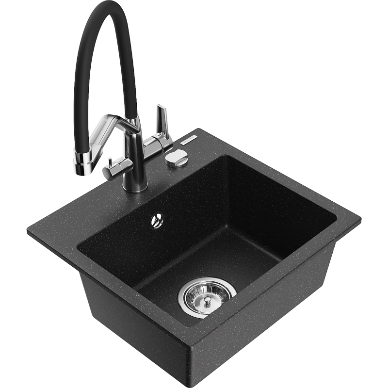 Mexen Milo granite sink 1-bowl with Duo kitchen tap, black/silver metallic - 6505-73-671701-07