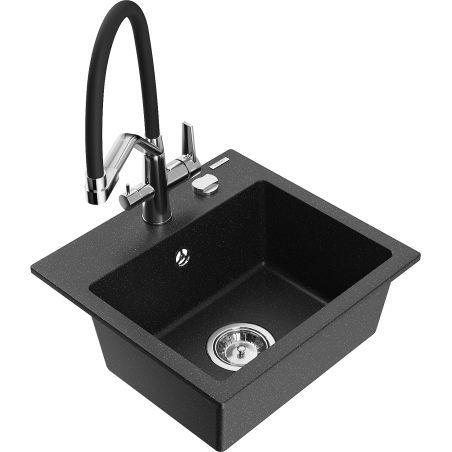 Mexen Milo granite sink 1-bowl with Duo kitchen tap, black/silver metallic - 6505-73-671701-07