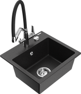 Mexen Milo granite kitchen sink 1-bowl with Duo faucet, black/silver metallic - 6505-73-671701-07