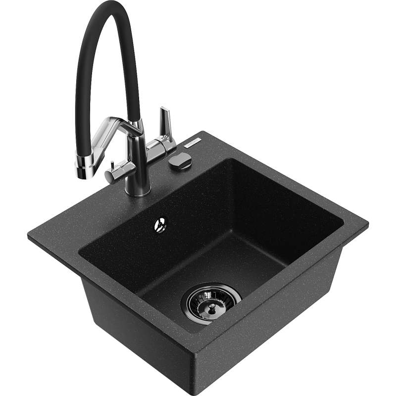 Mexen Milo granite kitchen sink single-bowl with Duo kitchen tap, black/silver metallic - 6505-73-671701-07-B