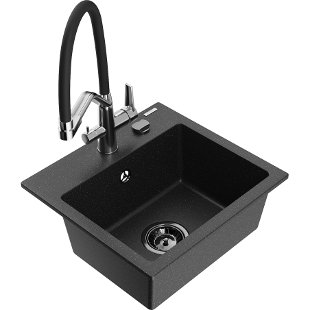 Mexen Milo 1-bowl granite sink with Duo kitchen faucet, black/silver metallic - 6505-73-671701-07-B
