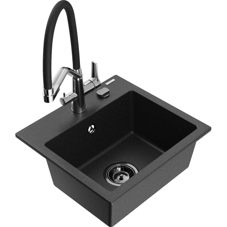 Mexen Milo granite kitchen sink single-bowl with Duo kitchen tap, black/silver metallic - 6505-73-671701-07-B