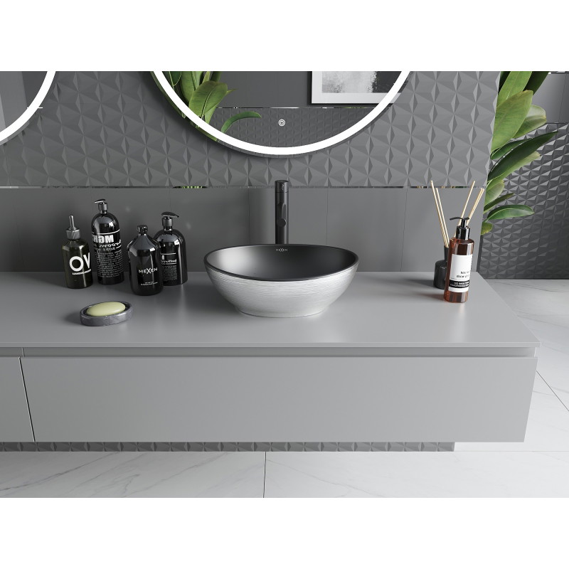 Mexen Elza countertop washbasin 40 x 33 cm, matte black/silver line pattern - 21014023