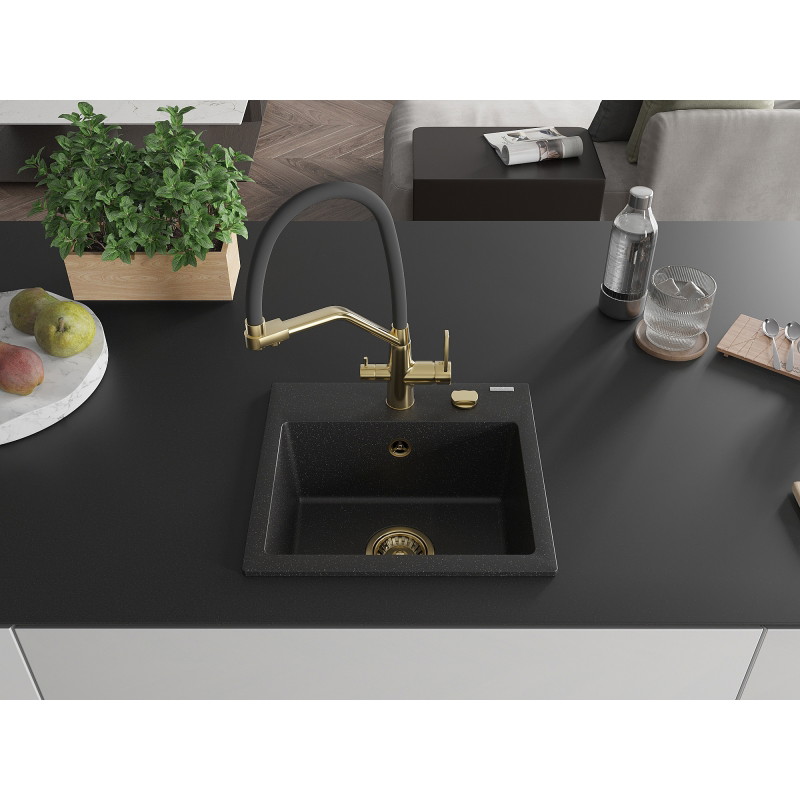 Mexen Milo 1-bowl granite sink with Duo kitchen faucet, black/silver metallic - 6505-73-671701-57-G