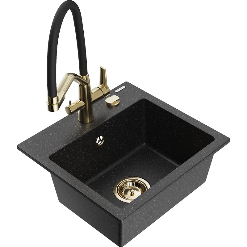Mexen Milo 1-bowl granite sink with Duo kitchen faucet, black/silver metallic - 6505-73-671701-57-G
