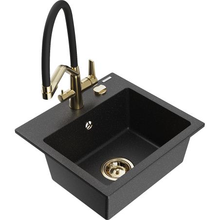 Mexen Milo 1-bowl granite sink with Duo kitchen faucet, black/silver metallic - 6505-73-671701-57-G