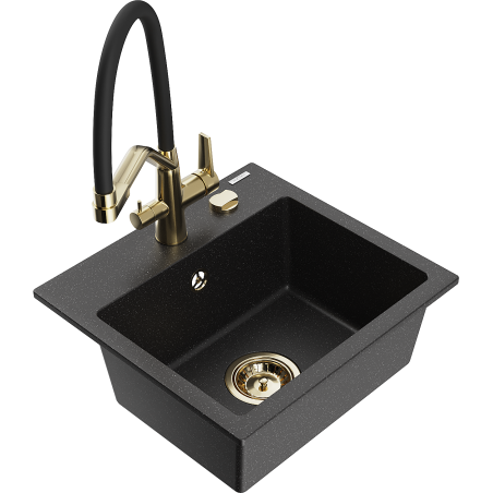 Mexen Milo granite kitchen sink 1-bowl with Duo kitchen faucet, black/silver metallic - 6505-73-671701-57-G