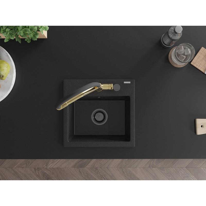 Mexen Milo granite kitchen sink with single bowl and Duo kitchen faucet, black/silver metallic - 6505-73-671701-57-B