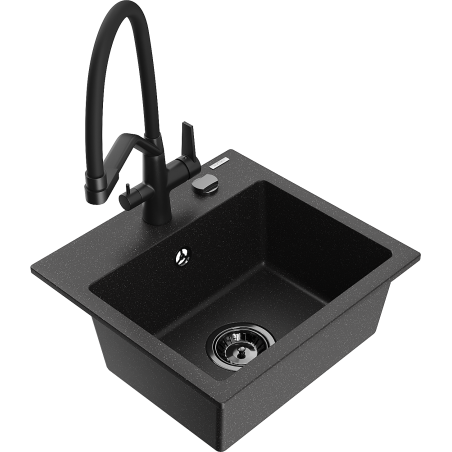 Mexen Milo granite kitchen sink 1-bowl with duo kitchen tap, black/silver metallic - 6505-73-671701-70-B