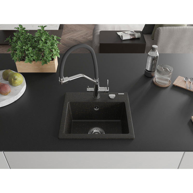 Mexen Milo 1-bowl granite kitchen sink with Duo tap, black/golden metallic - 6505-75-671701-07