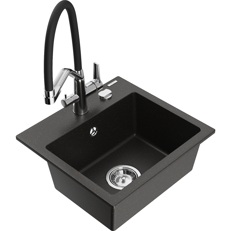 Mexen Milo 1-bowl granite kitchen sink with Duo tap, black/golden metallic - 6505-75-671701-07