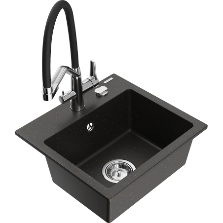 Mexen Milo 1-bowl granite sink with Duo kitchen faucet, black/golden metallic - 6505-75-671701-07