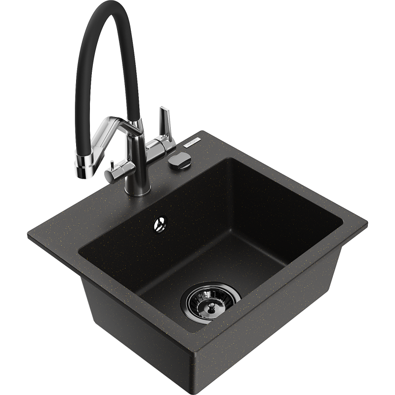 Mexen Milo 1-compartment granite sink with a kitchen mixer tap Duo, Black/ gold metallic - 6505-75-671701-07-B