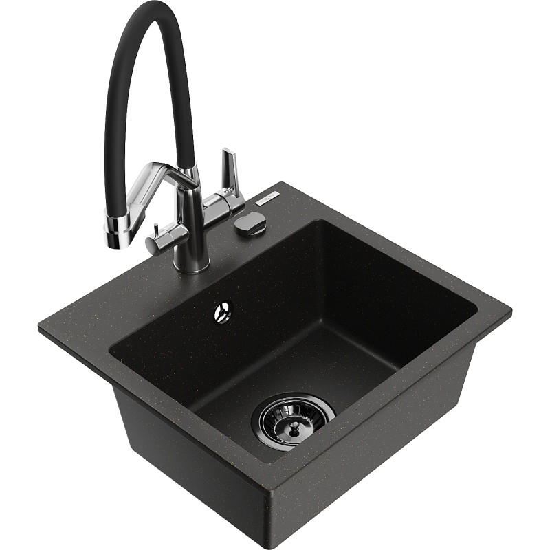 Mexen Milo granite kitchen sink 1-bowl with Duo kitchen faucet, black/golden metallic - 6505-75-671701-07-B