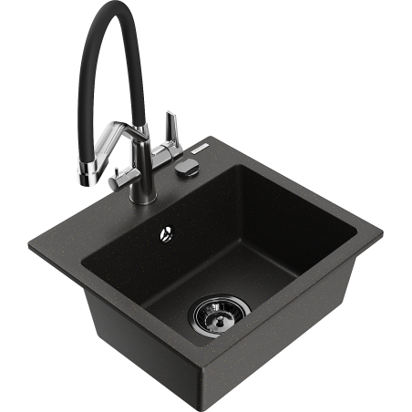 Mexen Milo granite kitchen sink 1-bowl with Duo kitchen faucet, black/golden metallic - 6505-75-671701-07-B