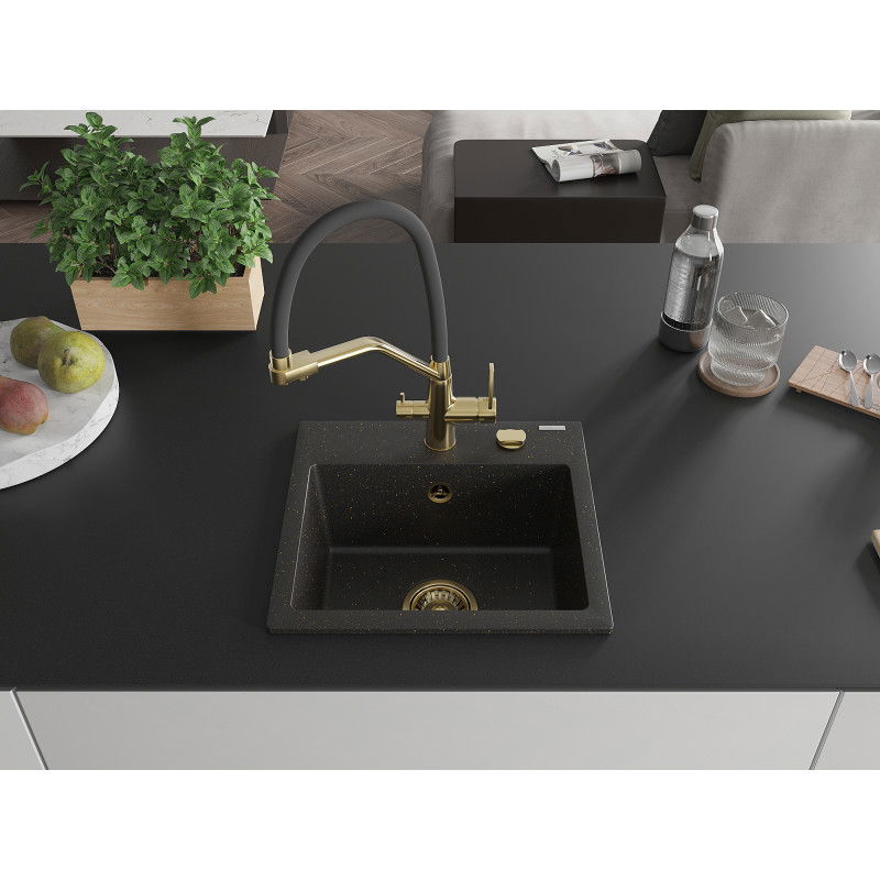 Mexen Milo single-bowl granite kitchen sink with Duo tap, black/gold metallic - 6505-75-671701-57-G
