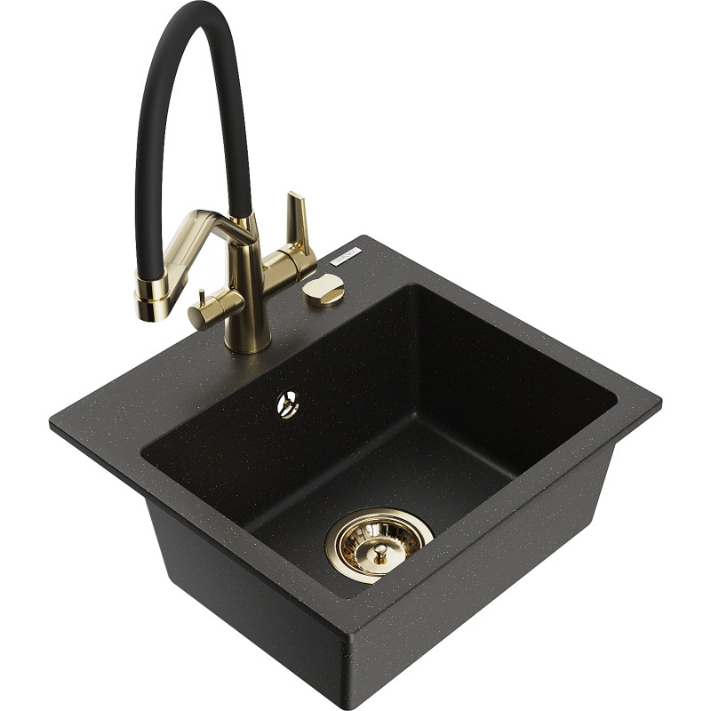 Mexen Milo granite kitchen sink 1-bowl with Duo kitchen faucet, black/gold metallic - 6505-75-671701-57-G