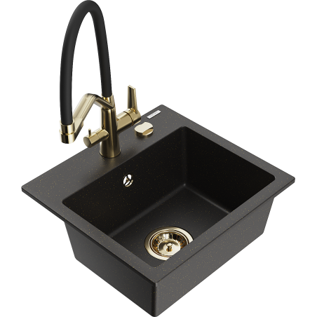 Mexen Milo granite kitchen sink 1-bowl with Duo kitchen faucet, black/gold metallic - 6505-75-671701-57-G