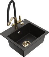 Mexen Milo granite kitchen sink 1-bowl with Duo kitchen faucet, black/gold metallic - 6505-75-671701-57-G