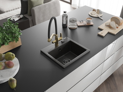 Mexen Milo 1-compartment granite sink with a kitchen mixer tap Duo, Black/ gold metallic - 6505-75-671701-57-B