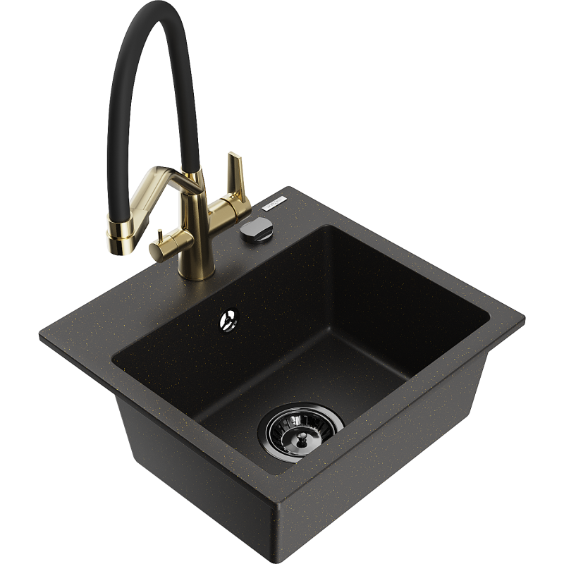 Mexen Milo granite sink 1-bowl with Duo kitchen tap, black/gold metallic - 6505-75-671701-57-B
