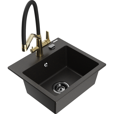 Mexen Milo 1-compartment granite sink with a kitchen mixer tap Duo, Black/ gold metallic - 6505-75-671701-57-B