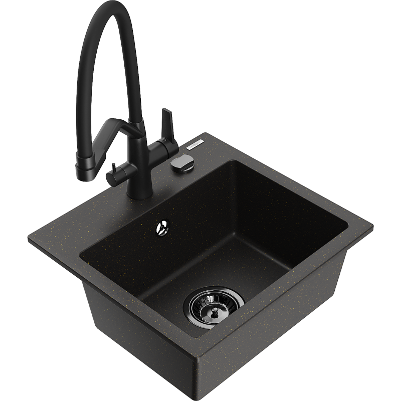 Mexen Milo 1-compartment granite sink with a kitchen mixer tap Duo, Black/ gold metallic - 6505-75-671701-70-B