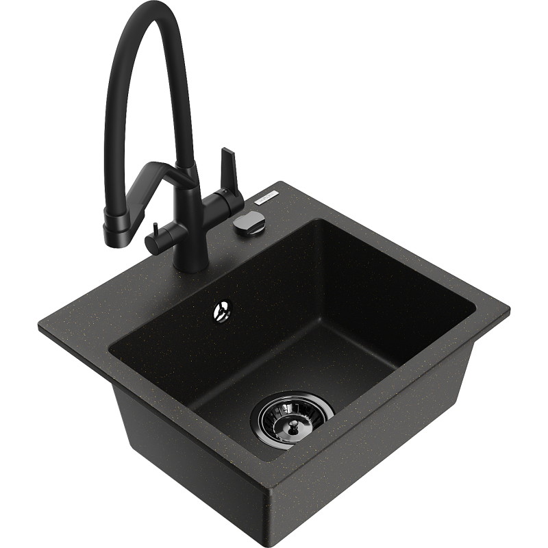 Mexen Milo granite kitchen sink 1-bowl with Duo kitchen faucet, black/gold metallic - 6505-75-671701-70-B