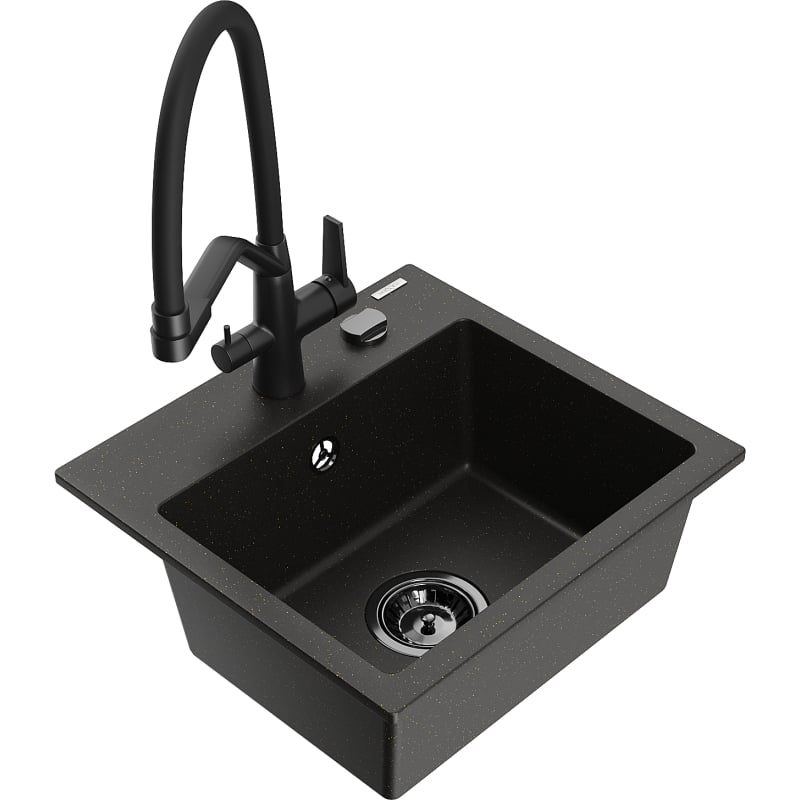 Mexen Milo granite single-bowl sink with Duo kitchen faucet, black/golden metallic - 6505-75-671701-70-B