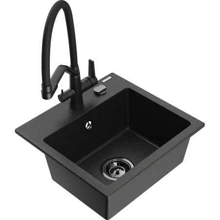 Mexen Milo granite single-bowl sink with Duo kitchen faucet, black/golden metallic - 6505-75-671701-70-B