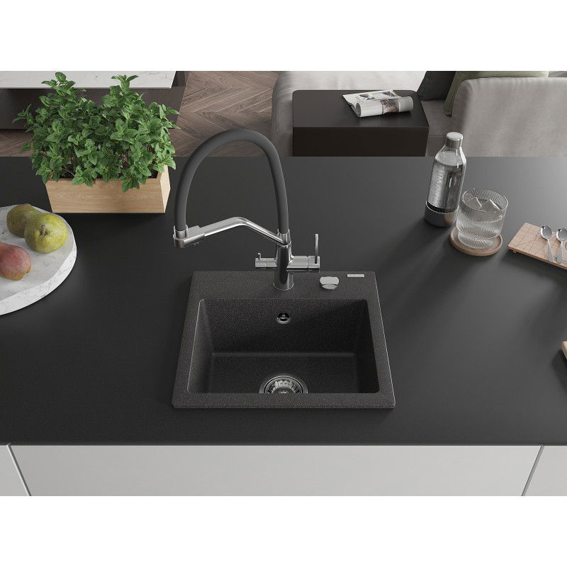 Mexen Milo granite kitchen sink 1-bowl with kitchen tap Duo, speckled black - 6505-76-671701-07