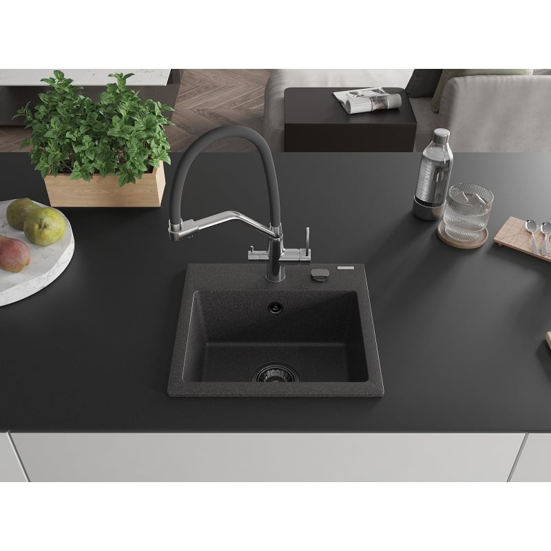 Mexen Milo 1-bowl granite sink with Duo kitchen faucet, speckled black - 6505-76-671701-07-B