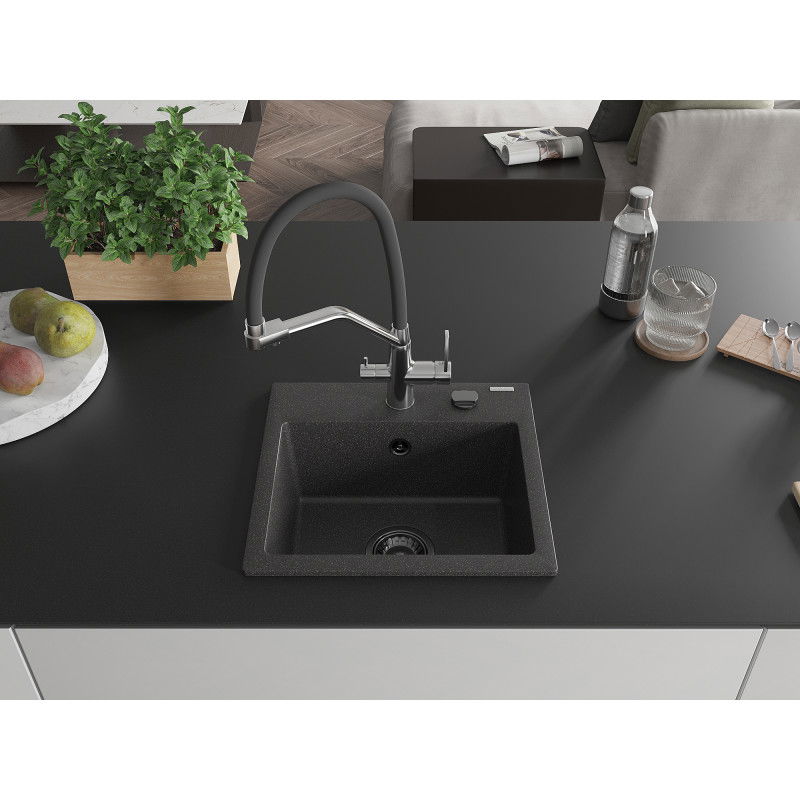 Mexen Milo granite sink 1-bowl with Duo kitchen tap, black speckled - 6505-76-671701-07-B