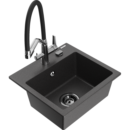 Mexen Milo 1-bowl granite sink with Duo kitchen faucet, speckled black - 6505-76-671701-07-B