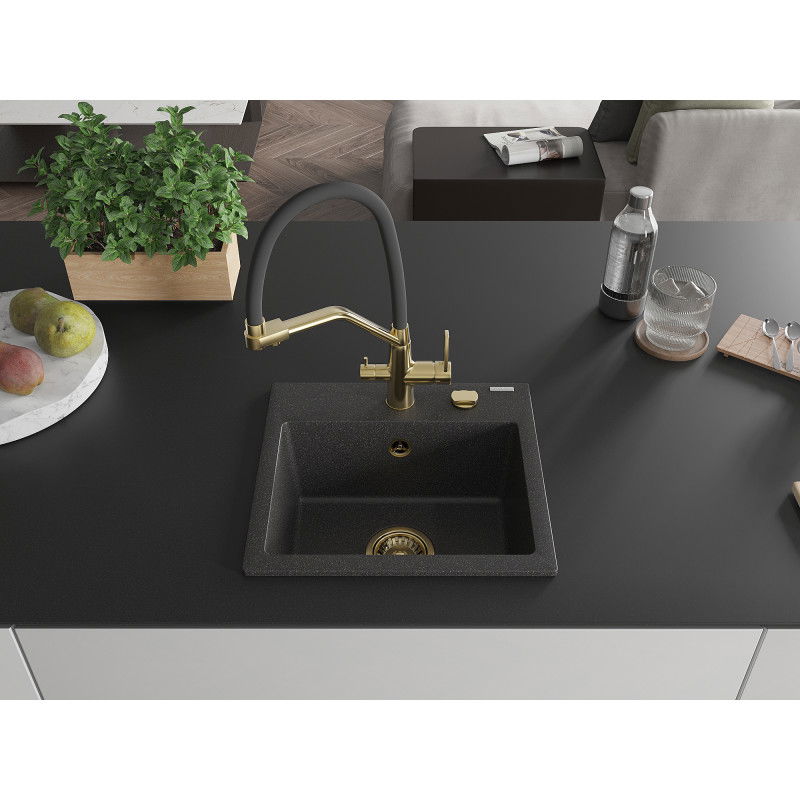 Mexen Milo granite sink 1-bowl with kitchen tap Duo, black speckled - 6505-76-671701-57-G