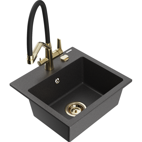 Mexen Milo granite kitchen sink 1-bowl with Duo kitchen faucet, black speckled - 6505-76-671701-57-G
