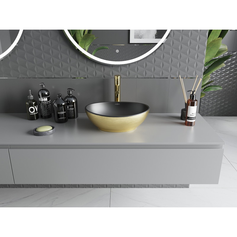 Mexen Elza countertop washbasin 40 x 33 cm, black matte/golden line pattern - 21014027