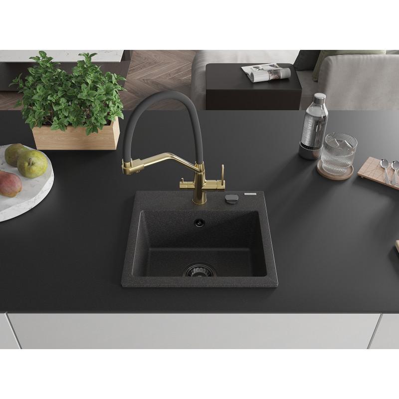 Mexen Milo granite kitchen sink single-bowl with Duo faucet, speckled black - 6505-76-671701-57-B