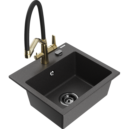 Mexen Milo granite kitchen sink single-bowl with Duo faucet, speckled black - 6505-76-671701-57-B