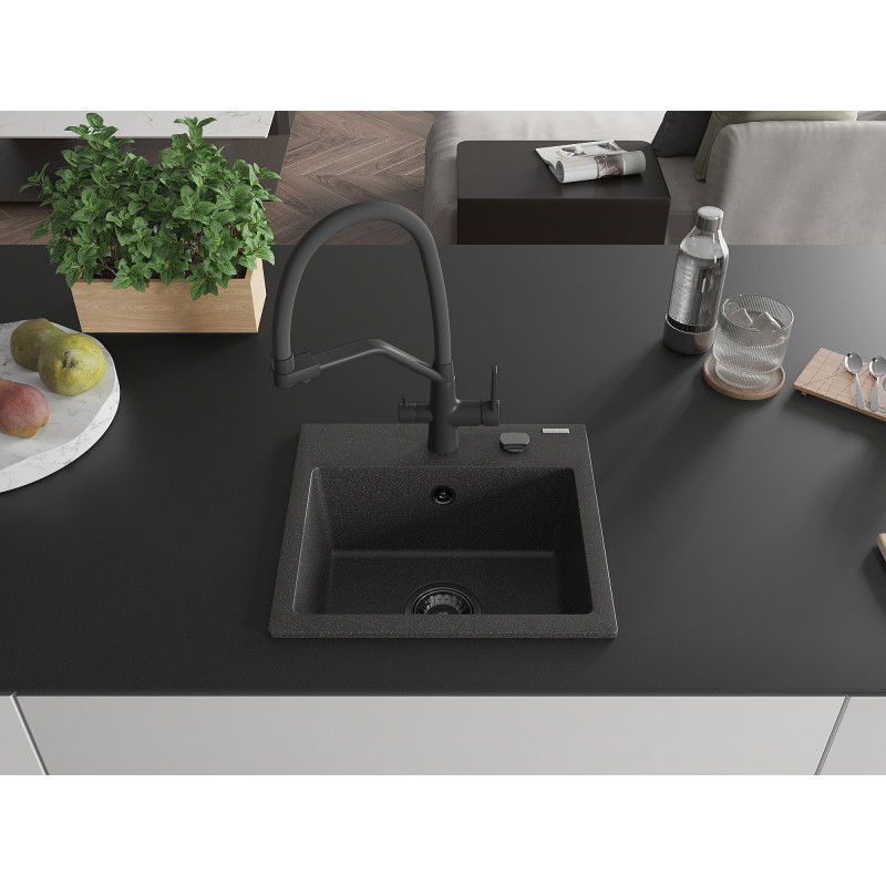 Mexen Milo granite sink 1-bowl with Duo kitchen tap, black speckled - 6505-76-671701-70-B