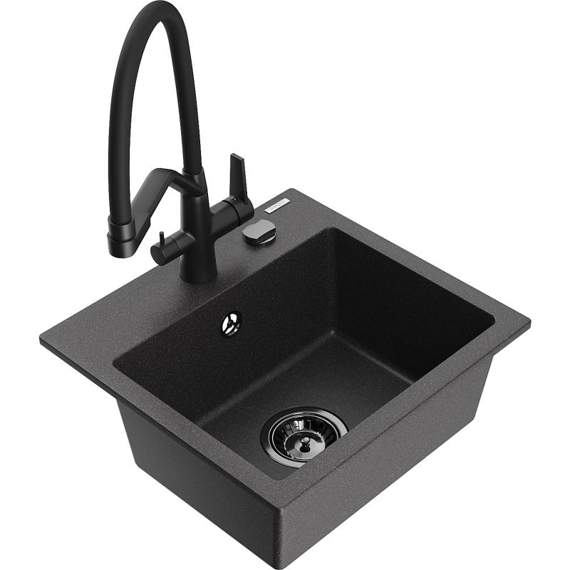 Mexen Milo 1-compartment granite sink with a kitchen mixer tap Duo, Spotted black - 6505-76-671701-70-B