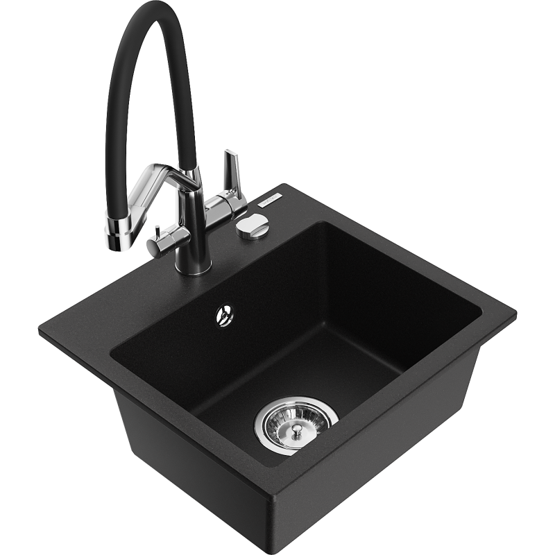 Mexen Milo 1-bowl granite sink with Duo kitchen tap, black - 6505-77-671701-07