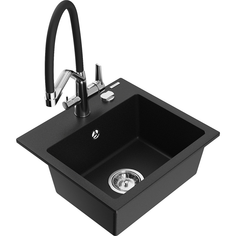 Mexen Milo granite kitchen sink 1-bowl with Duo kitchen faucet, black - 6505-77-671701-07