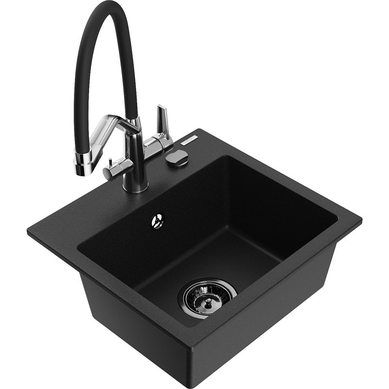 Mexen Milo granite sink 1-bowl with Duo kitchen mixer, black - 6505-77-671701-07-B